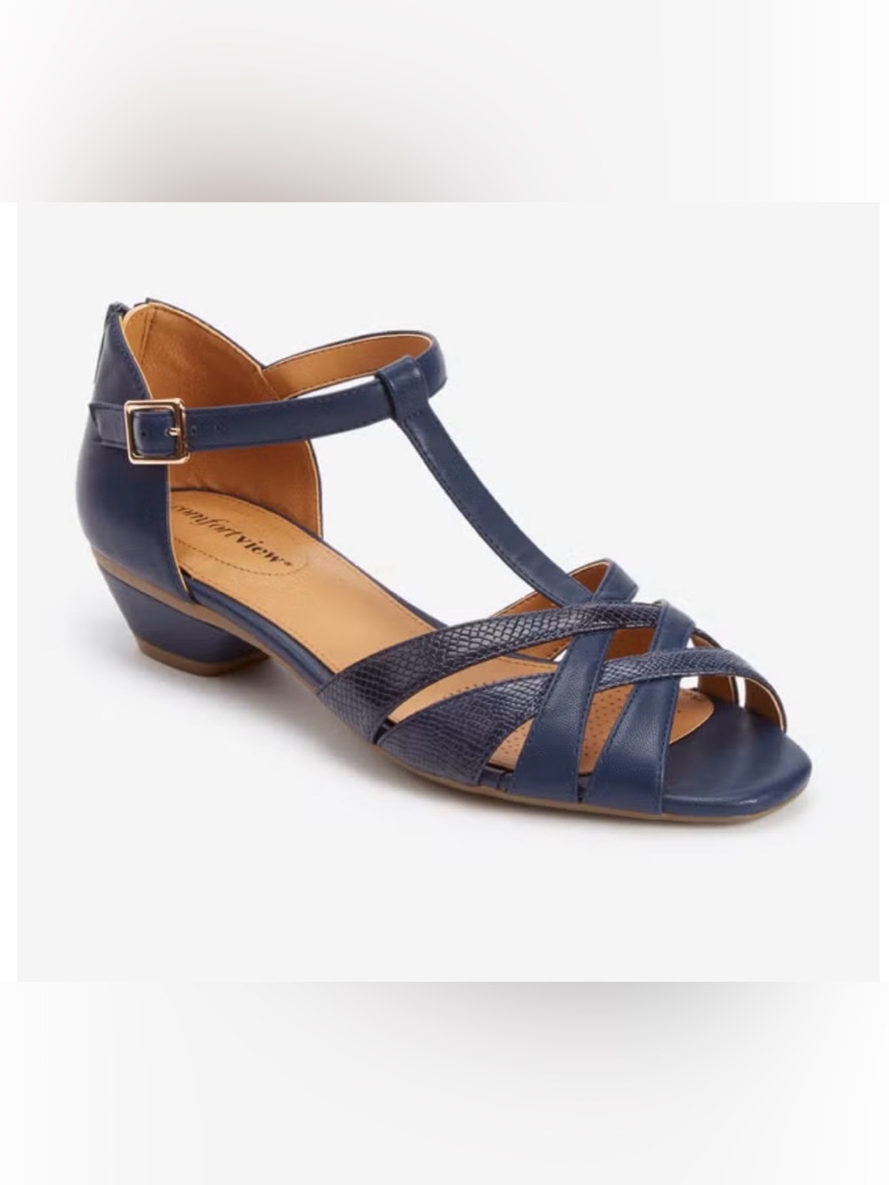 Women's Navy T-Strap Low Heel Sandals